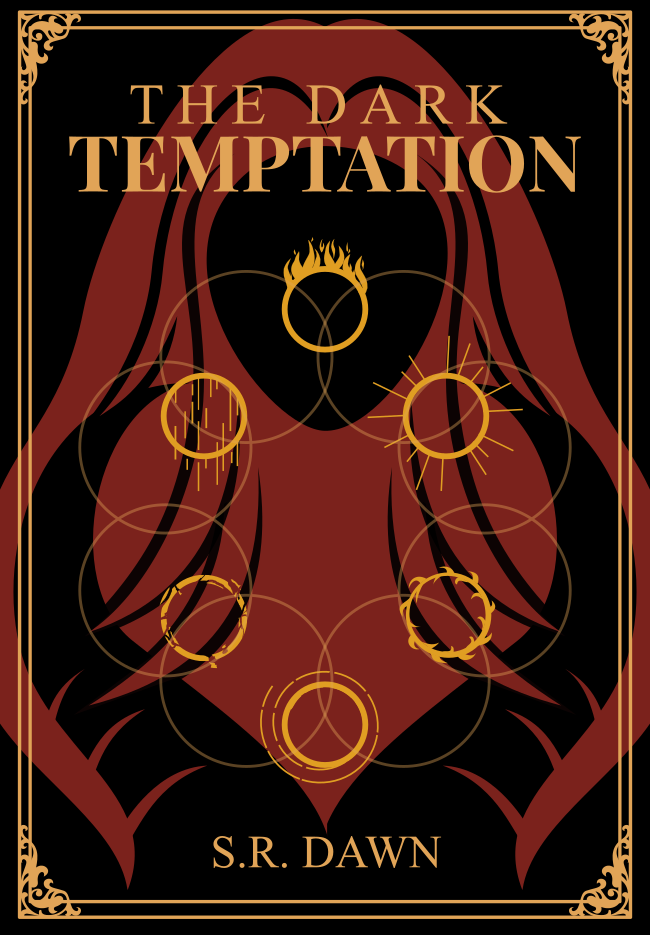 The Dark Temptation by S.R. Dawn in gold serif lettering. Vector style lines depict long red hair which fans out to outline black horns coming from the bottom of the image. Six gold circles overlay the hair and horns, each with a different design. At the top and going clockwise is flames, lightbeams, thorns, swirling dashed lines, broken pieces of circle, and vertical rain lines.